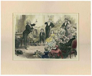 Christmas Conjuror, (The). English, ca. 1877. Hand-colored engraving of a parlor magician performing