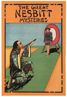 Nesbitt. The Great Nesbitt Mysteries. Shooting through a woman. [London, ca. 1920]. Colorful poster