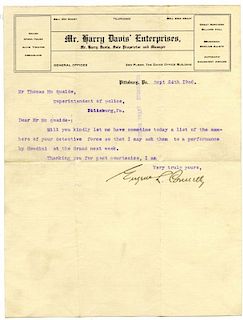 Houdini, Harry. Typed Letter to Superintendent of Police, Pittsburg, Regarding Harry Houdini. Pittsb
