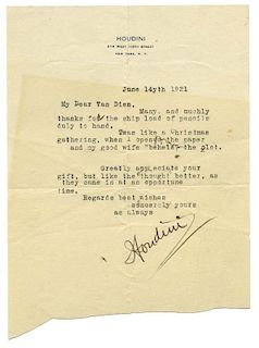 Houdini, Harry. Typed Letter Signed, сHoudini,о to Richard Van Dien. New York, June 14th, 1921. On o