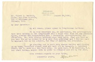Houdini, Harry. Typed Letter Signed. сHoudini,о to a Chicago Lawyer. New York, August 24, 1926. On t