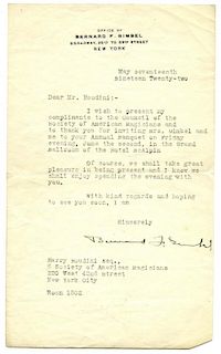 Gimbel, Bernard F. Typed Letter Signed to Houdini Accepting Invitation to S.A.M. Banquet. New York,