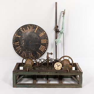 Paint-decorated Wooden Tower Clock, Dial and Hands