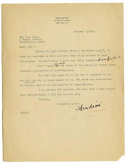 Houdini, Harry. Typed Letter Signed, сHoudini,о to R.W. Lull. [New York]: October 5, 1922. On one 4t