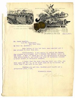 Indianapolis Brewing Co. Typed Letter Signed to Harry Houdini. [Indianapolis], January 6, 1912. On o