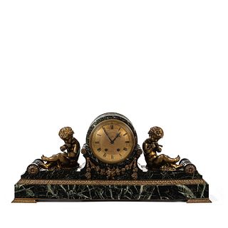 French Green Variegated Marble and Bronze Figural Mantel Clock