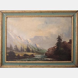 Artist Unknown (19th/20th Century) River Scene with Mountains, Oil on canvas,