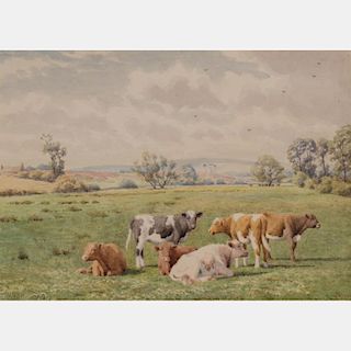 William Sidney Cooper (1854-1927) Resting Cattle in a Landscape, Watercolor on board,