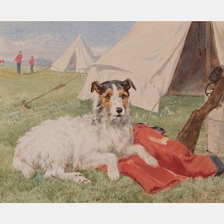 Charles Collins II (1851-1921) Terrier in a Military Camp, Watercolor on paper,
