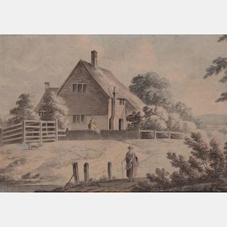 English School (19th Century) Cottage Scene with Figures, Watercolor on laid paper,