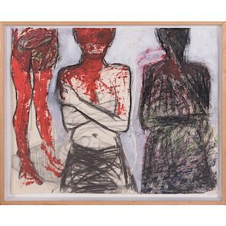 Artist Unknown (20th Century) Untitled (Three Figures), Oil and charcoal on paper,