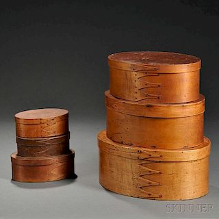 Six Shaker Bent Maple and Pine Oval Lidded Storage Boxes