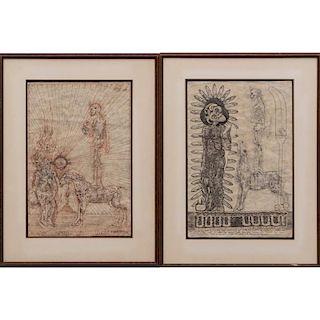 Jack Carlton (20th Century) Two Drawings, Ink on parchment.