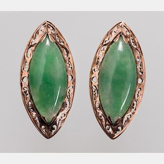 A Pair of 14kt. Yellow Gold and Jade Cufflinks.
