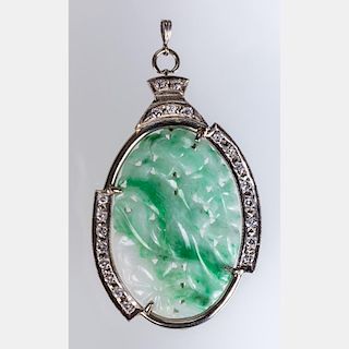 A 14kt. White Gold, Jade and Diamond Melee Pendant,