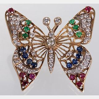 A 14kt. Yellow Gold, Diamond, Ruby, Sapphire and Emerald Butterfly Pendant,