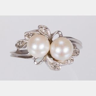 A 14kt. White Gold, Pearl and Diamond Melee Ring,