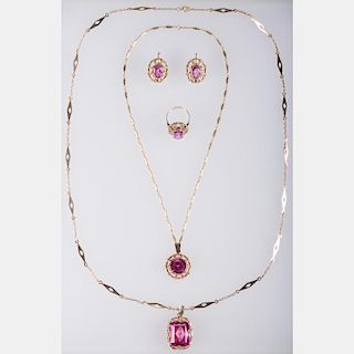A Suite of Five 14kt. Yellow Gold and Synthetic Ruby Jewelry,