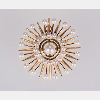 A 14kt. Yellow Gold and Akoya Cultured Pearl Star Burst Brooch,