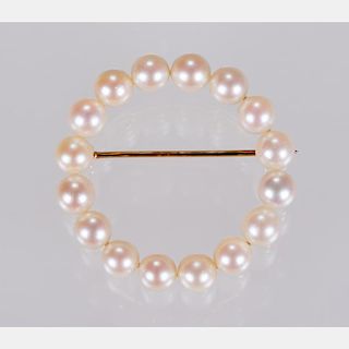 A 14kt. Yellow Gold and Akoya Cultured Pearl Brooch,
