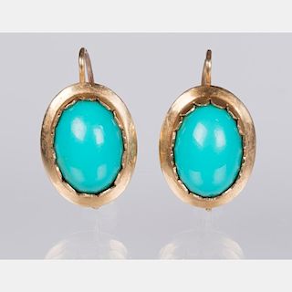 A Pair of 14kt. Yellow Gold and Turquoise Earrings,