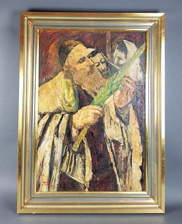 Framed Oil on Canvas "Rabbi checking his Lulav on