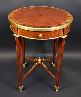 French Gilt Bronze Mounted Kingwood Rosewood & Parquetry Round Table Louis XVI Style, Circa 1890