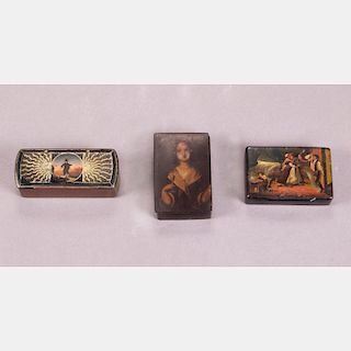 A Group of Three Diminutive Lacquered Papier Mâché Boxes with Painted Decoration, 19th Century.