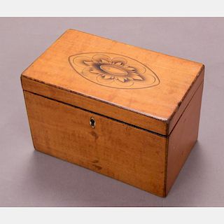 An English Mahogany Tea Caddy with Marquetry Decoration, 19th Century.