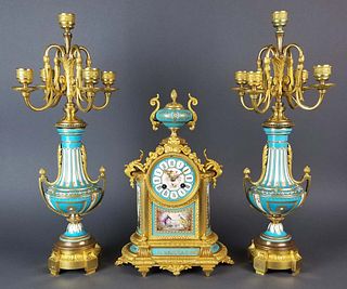 19th C. Sevres Turquoise Porcelain and Bronze 3 Pc.