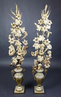 Pair of Gilt Bronze/ Brass Light Floral Urns, Circa