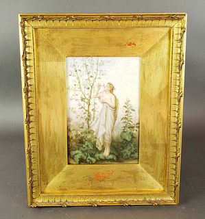 19th C. Framed KPM Porcelain Plaque of Woman in Garden