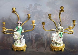 Pair of 19th C Gilt-Bronze-Mounted Meissen Porcelain