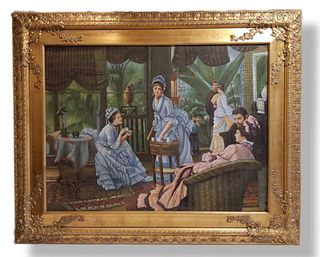 Oil On Canvas Painting An Elegant British Tea Party, Signed