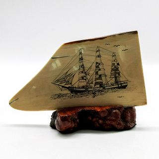 Vintage Bone Carving of a Ship by Clayton Wooden Base