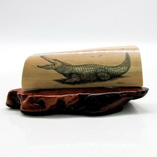 Vintage Bone Carving of an Alligator by Clayton Wooden Base