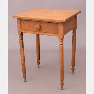 An American Tiger Maple Single Drawer Table, 19th Century.