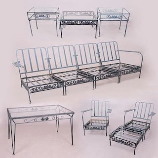 A Suite of Patinated Metal Outdoor Furniture in the Style of John Salterini, 20th Century.