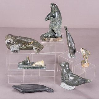 A Collection of Seven Inuit Carved Soapstone Figures by Various Artists, 20th Century,