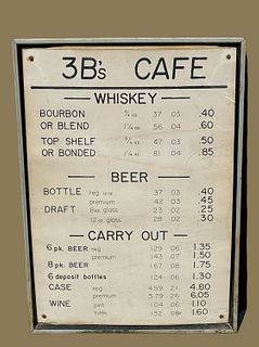 Original Tavern Three Bs Cafe Advertising Menu Whiskey & Beer 