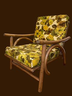 Vintage Mid Century Floral Bamboo Lounge Chair 