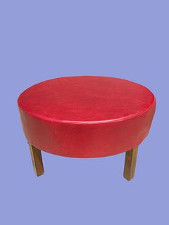 1970s Red Leather Dark Wood Ottoman 