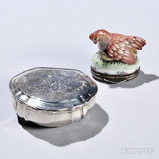 Two Continental Snuff Boxes, a French porcelain hen with silver mounts bearing faint French marks including late 19th century import ma