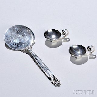 Three Danish or Danish-style Modern Sterling Silver Items, two Georg Jensen Inc., USA, salt cellars, lg. 2 1/2, and a Georg Jensen toma