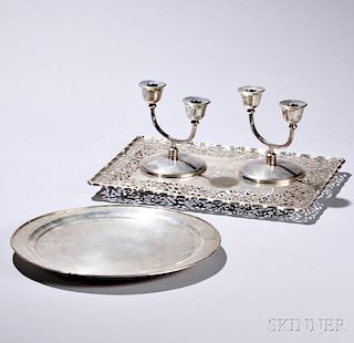 Four Pieces of Chinese Export Silver Tableware, late 19th/early 20th century, a pair of weighted two-light candelabra with bamboo motif