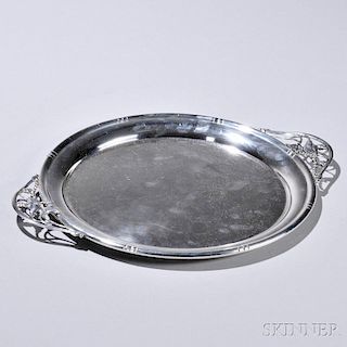 American Sterling Silver Tray, mid to late 20th century, unknown maker's mark, circular, with Jensen-style blossom handles, lg. handle