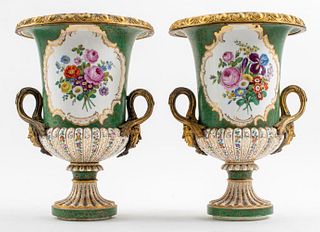 Sevres Style Porcelain Ormolu Urn Vases, Pair