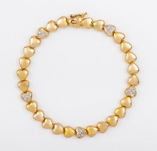 14K Yellow Gold Diamond Heart Link Bracelet 7.5"
