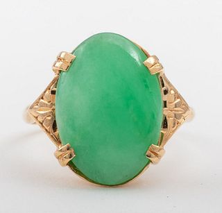 Art Deco 14K Gold Jadeite Cabochon Ring