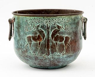 Arts & Crafts Patinated Copper Vessel with Stags
